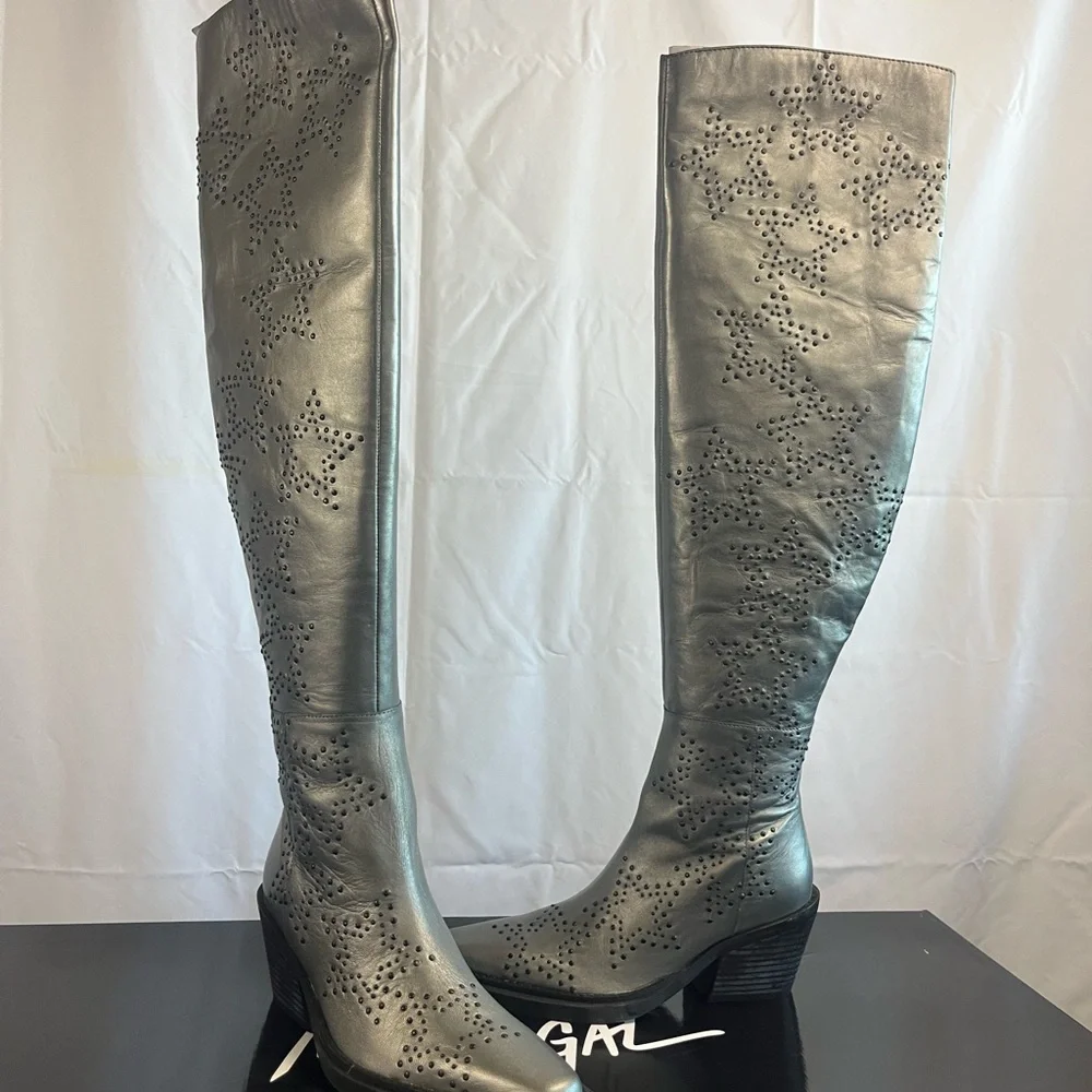 NASTY GAL, Genuine Leather, Gun Metal, Star studded Over the knee high Boots - Picture 8 of 14
